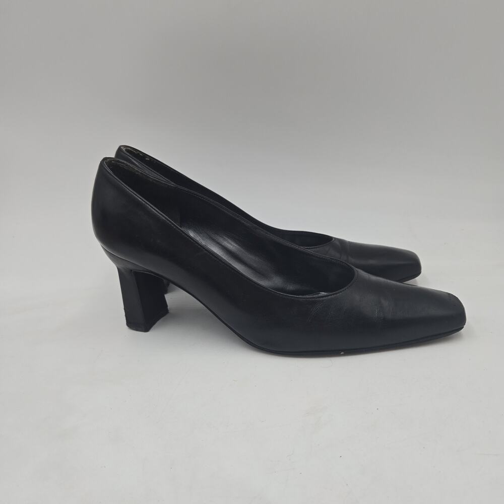 Vintage 90s Y2K Stuart Weitzman Black Leather Block Heel Square Toe Sz 9.5 M
